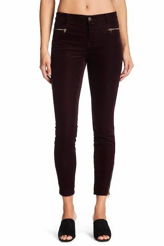 Comfortable Garments For Women Iselin Burgundy Gold Ankle Zip Corduroy Stretch Jeans In Dark Burgundy