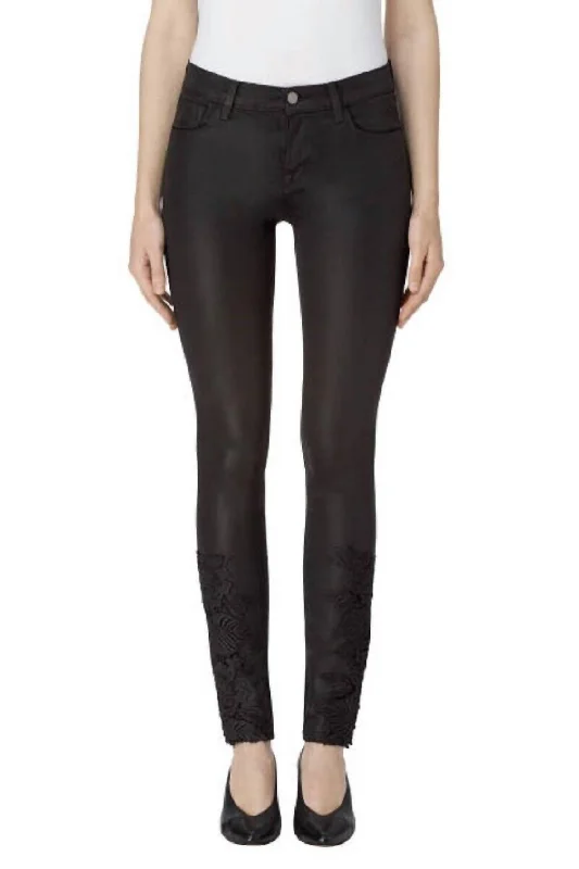 Casual Garments For Women Coated Lace Mid Rise Skinny Jeans In Black