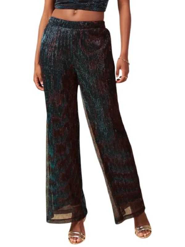 Women's Holiday Attire Sparkly Metallic Mesh Pants In Black Teal