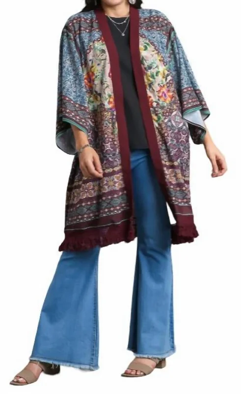 Comfortable Women's Apparel Open Front Print Kimono In Maroon Mix Plus