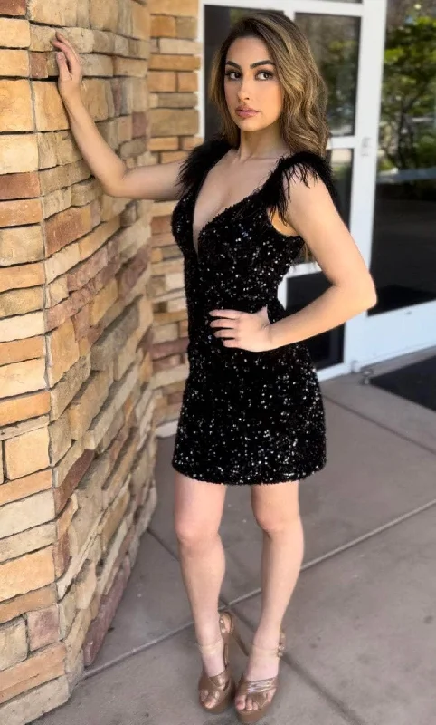 Holiday Glam Jasz Couture 1238 - Feather Cap Sleeve Cocktail Dress