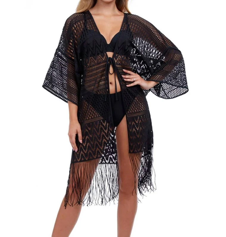 Women's Clothing For Outdoor Activities Open Front V-Neck Crochet Dress Cover Up In Tutti Frutti Black