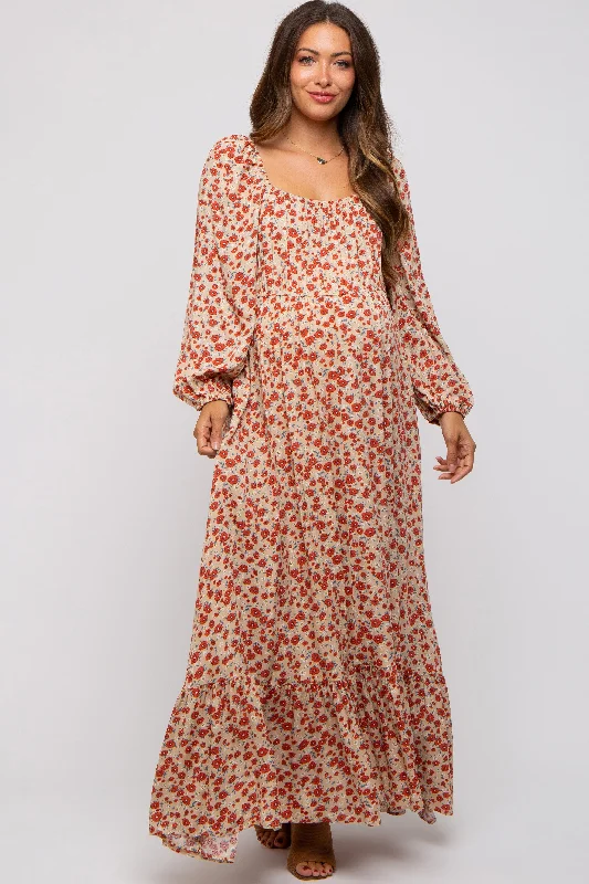 Women's Clothes For Special Occasions Beige Floral Square Neck Ruffle Maternity Maxi Dress