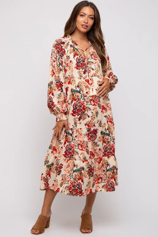 Women's Occasion Wear Clothing Cream Floral Ruffle Neck Tiered Maternity Midi Dress