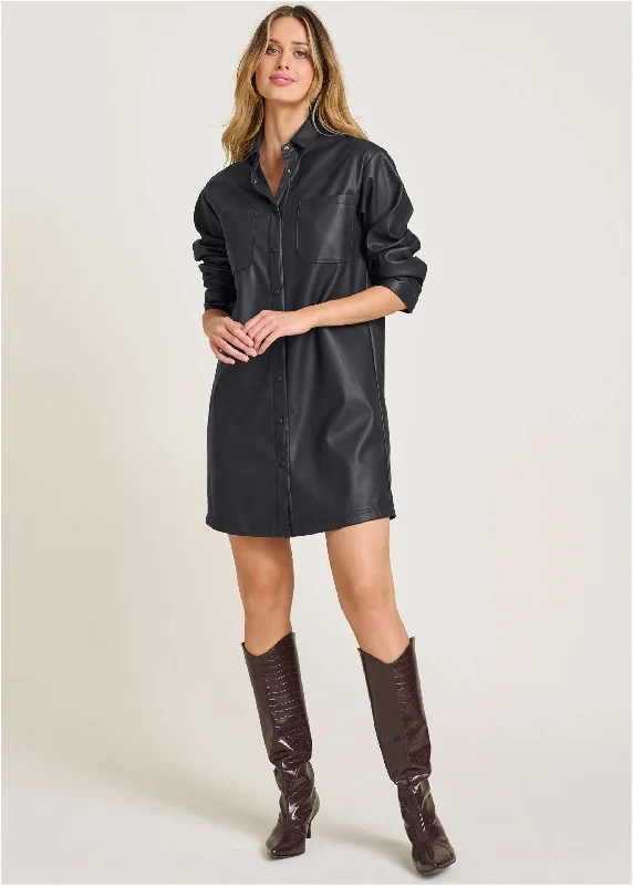 Women's Stylish Outdoor Outfit Faux Leather Shirt Dress - Black
