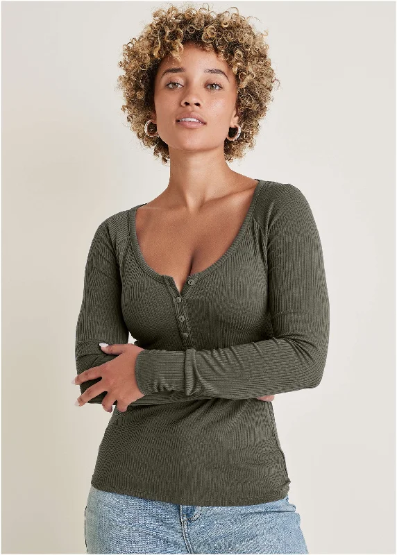 Women's Office Attire Long Sleeve Henley Tee - Olive