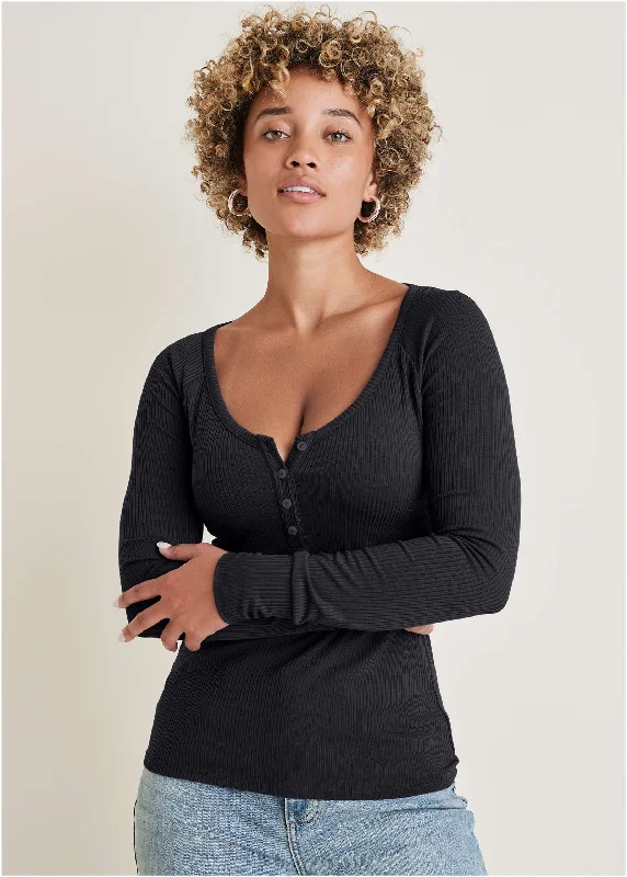 Women's Versatile Apparel Long Sleeve Henley Tee - Black